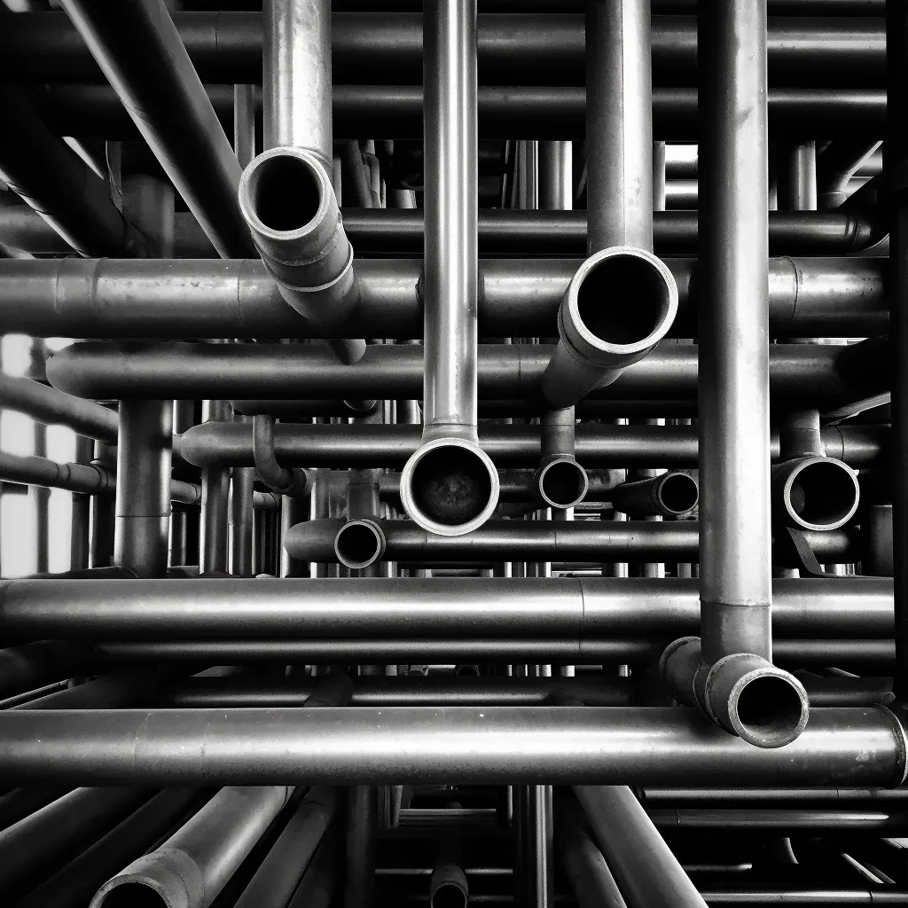 Industrial metal pipes forming geometric pattern in monochromatic tones - Image 3