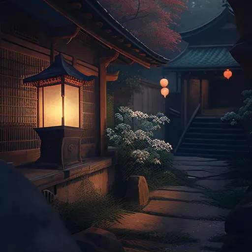 Tranquil twilight scene at a Japanese temple with soft lantern light - Image 1