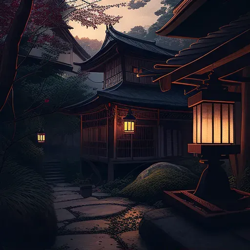 Tranquil twilight scene at a Japanese temple with soft lantern light - Image 2