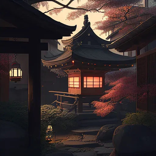 Tranquil twilight scene at a Japanese temple with soft lantern light - Image 4