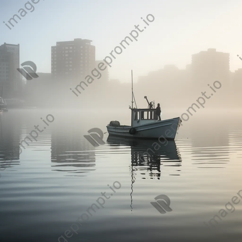 Solitary boat in a foggy harbor - Image 1