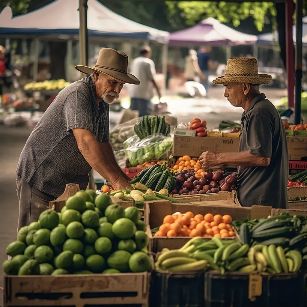 Morning farmers market with vendors setting up stalls with fresh produce - Image 1