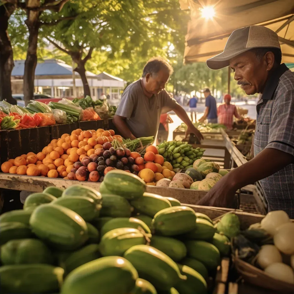 Morning farmers market with vendors setting up stalls with fresh produce - Image 2