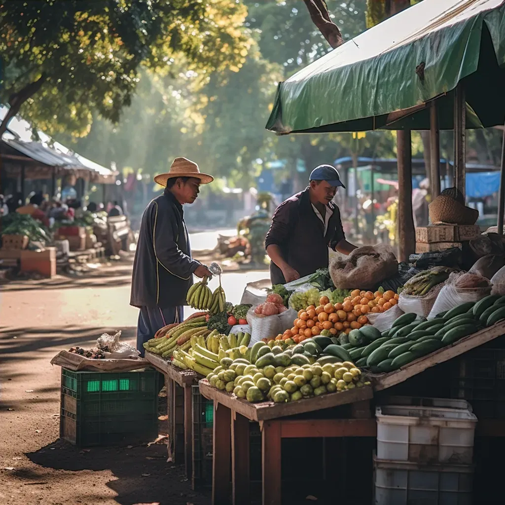 Morning farmers market with vendors setting up stalls with fresh produce - Image 4