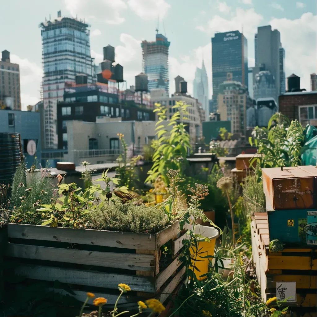 Vibrant urban rooftop garden with native plants and bees - Image 1