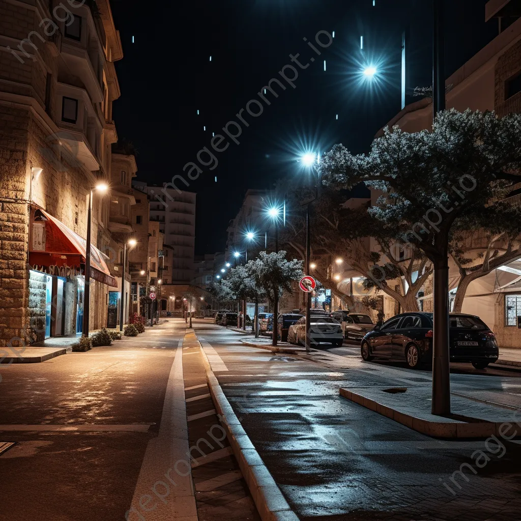 City street with adaptive streetlights adjusting brightness. - Image 1