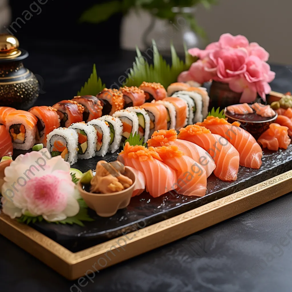 Artistic sushi platter with rolls and sashimi on serving tray - Image 2