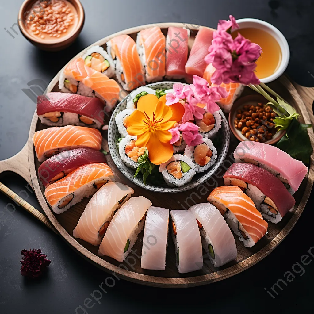 Artistic sushi platter with rolls and sashimi on serving tray - Image 4