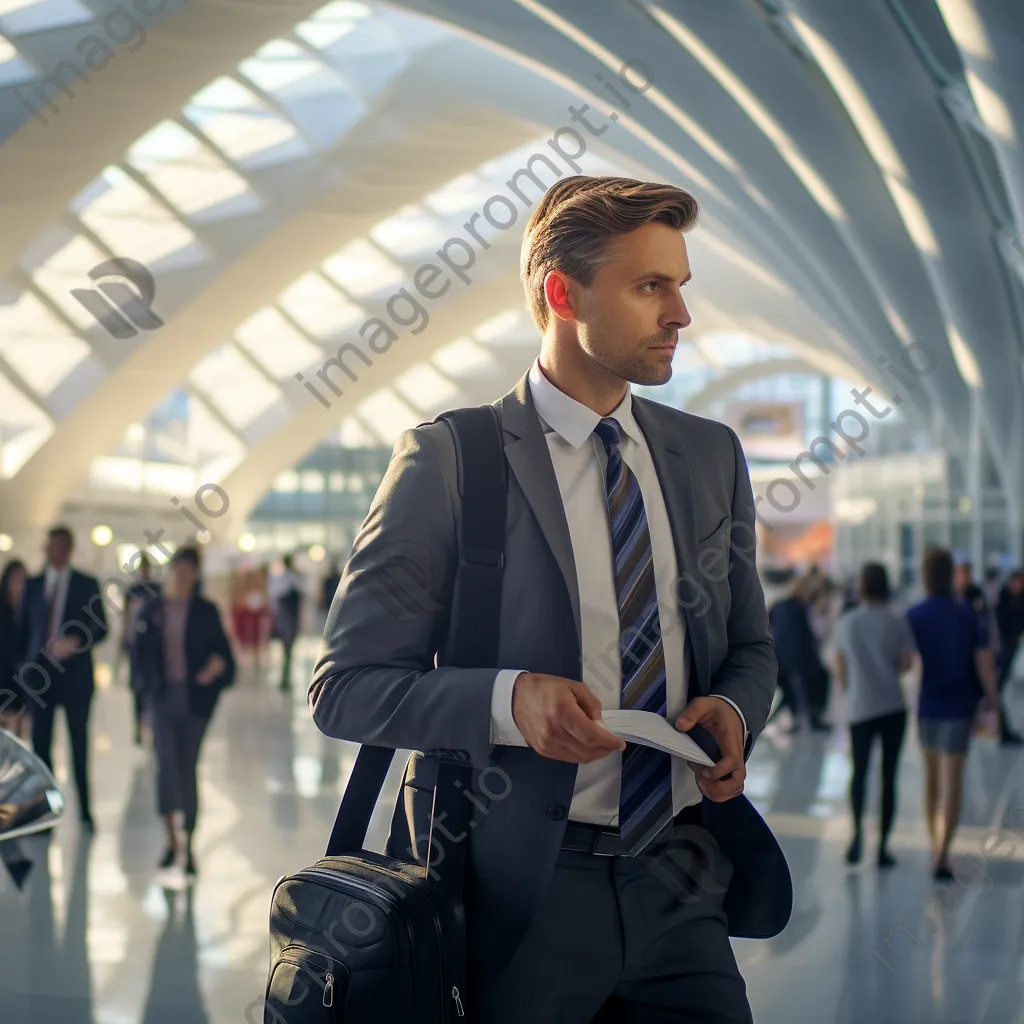 Executive in a modern airport terminal adjusting tie. - Image 1