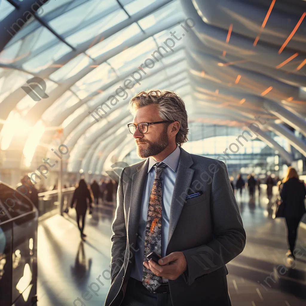 Executive in a modern airport terminal adjusting tie. - Image 2