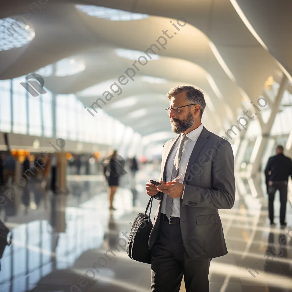 Executive in a modern airport terminal adjusting tie. - Image 3