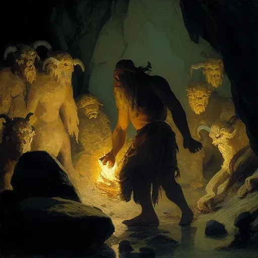 Image showing ancient cave paintings of mythical creatures in torchlight - Image 3