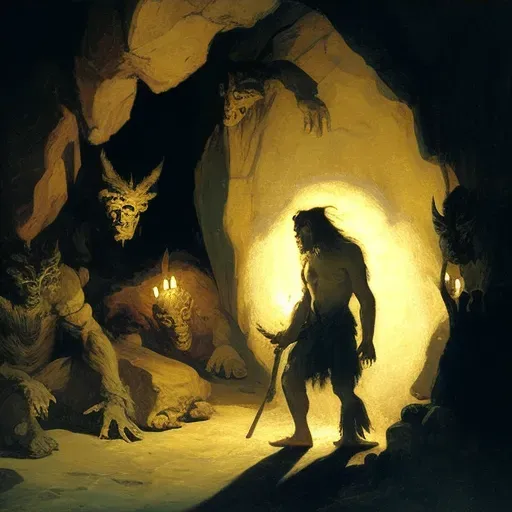 Image showing ancient cave paintings of mythical creatures in torchlight - Image 4