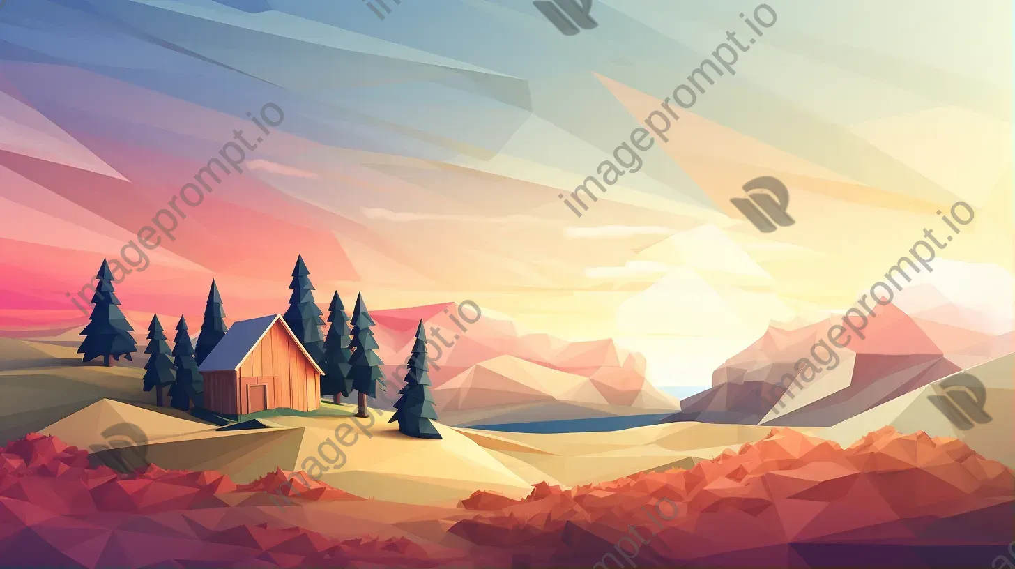 Springtime highland cabin in soft color gradient low poly style - Image 1