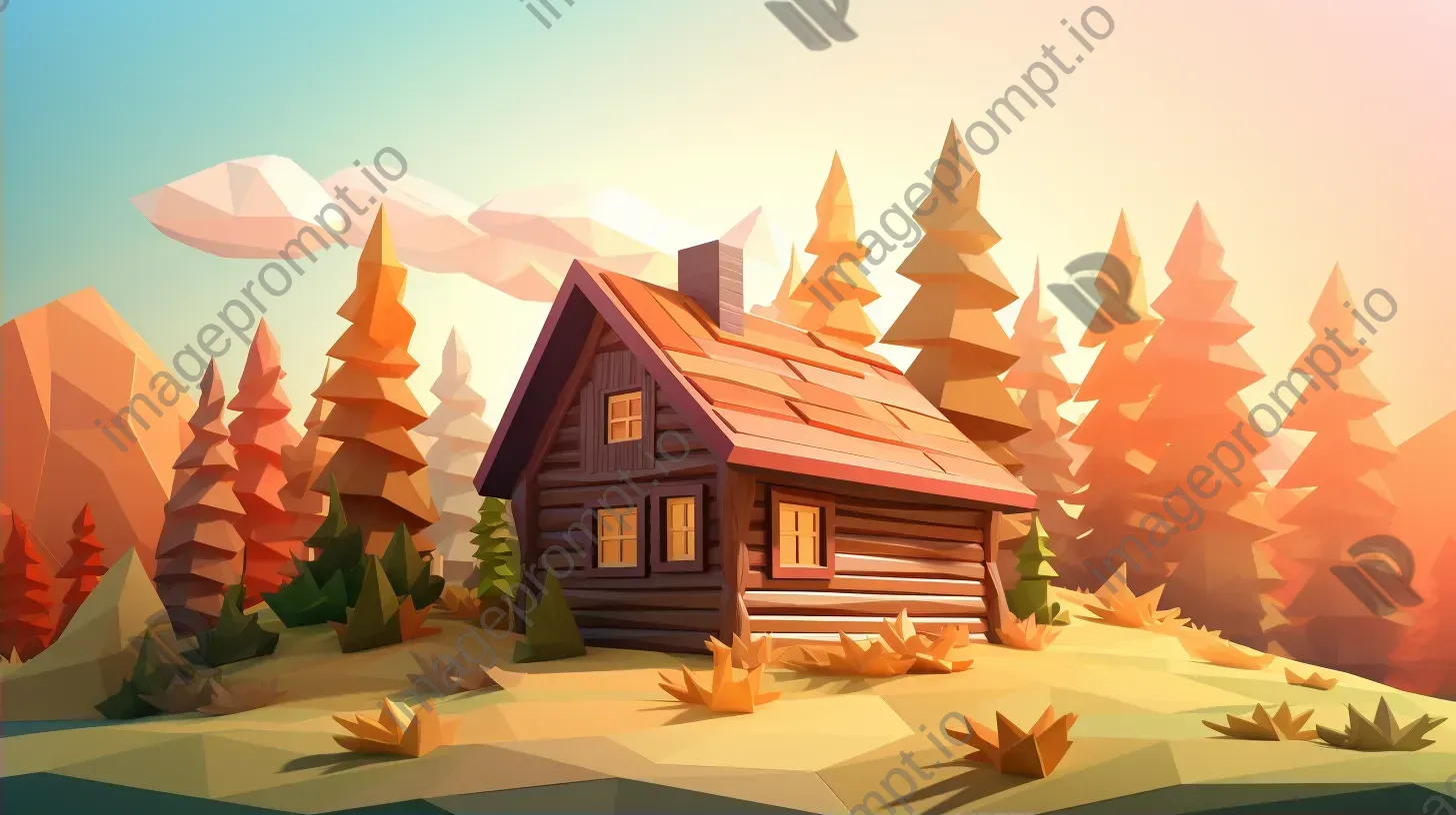 Springtime highland cabin in soft color gradient low poly style - Image 2