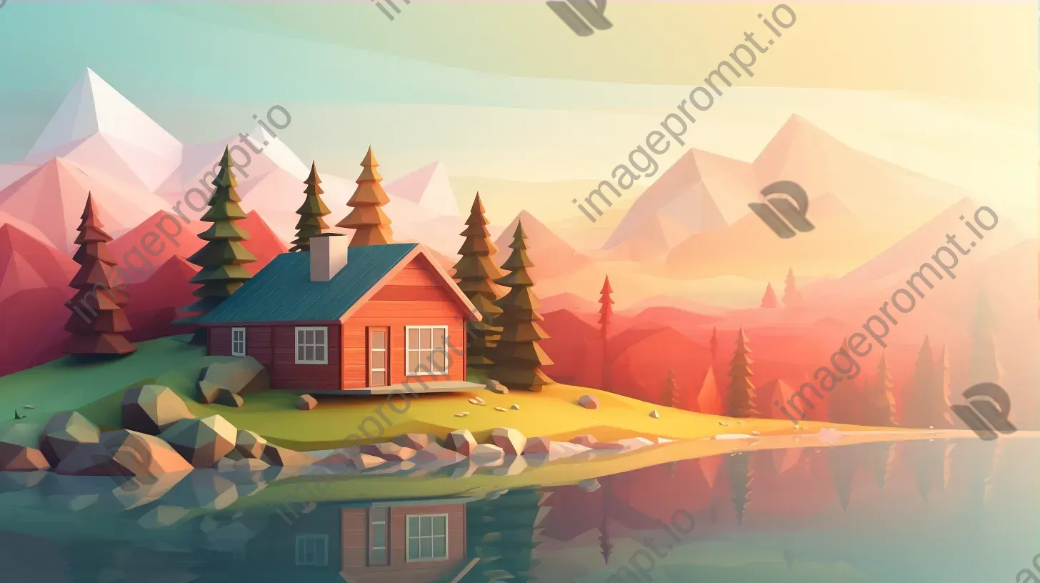 Springtime highland cabin in soft color gradient low poly style - Image 3