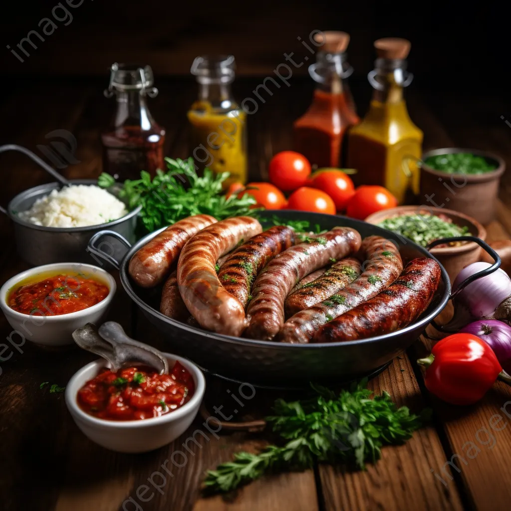 Bucket of assorted grilled sausages with colorful sauces - Image 1