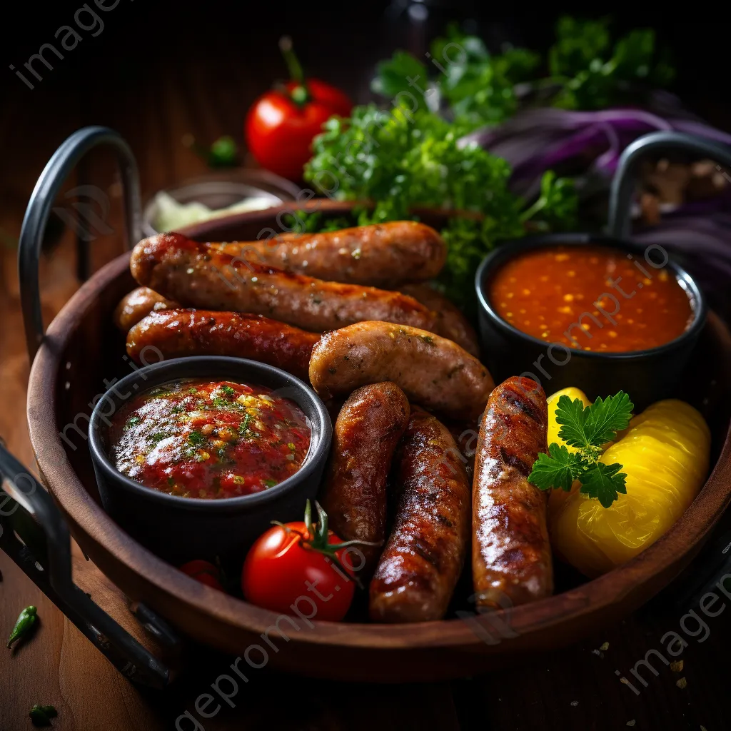 Bucket of assorted grilled sausages with colorful sauces - Image 2