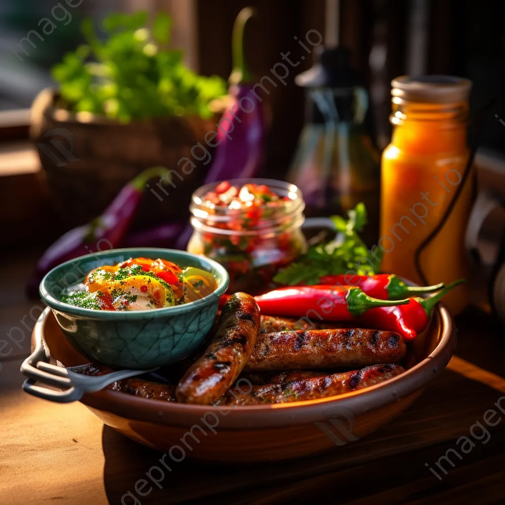 Bucket of assorted grilled sausages with colorful sauces - Image 3