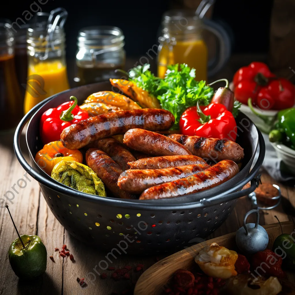 Bucket of assorted grilled sausages with colorful sauces - Image 4