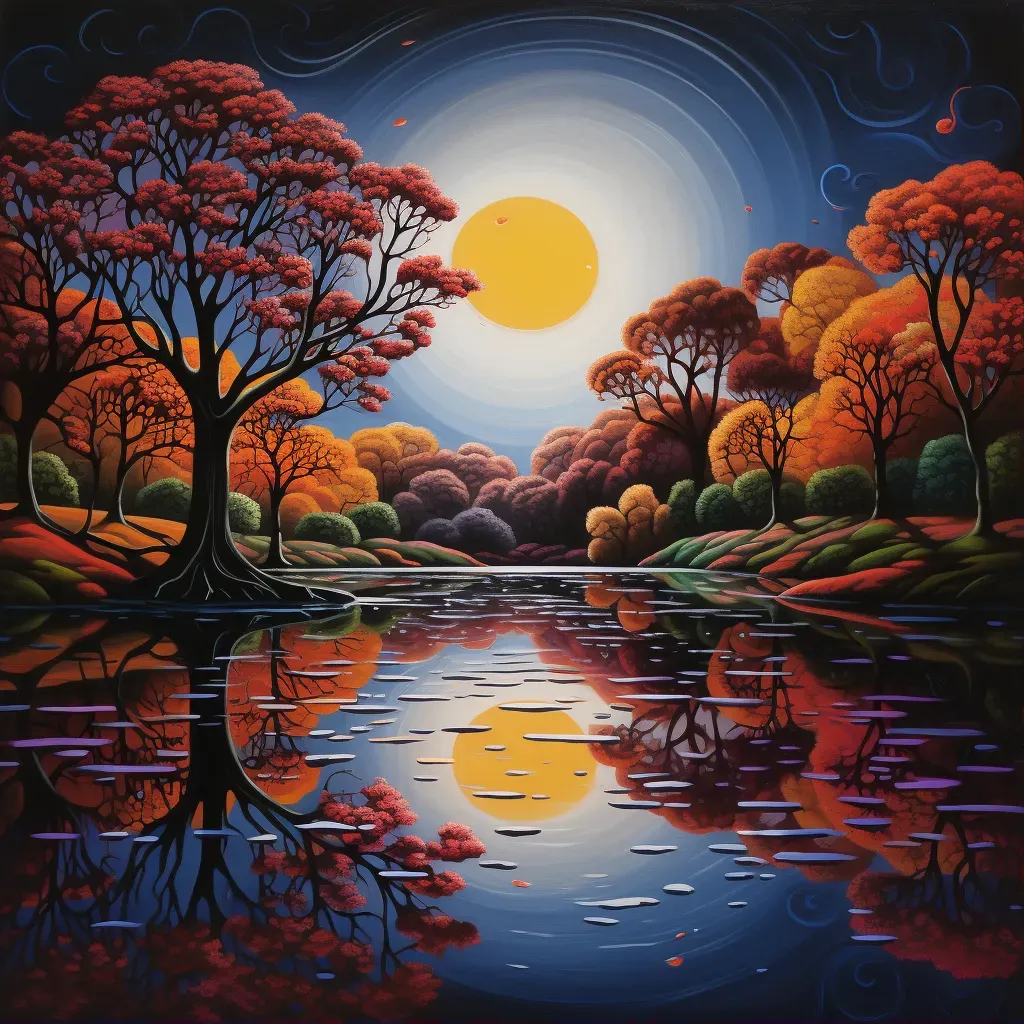 Illustration of a full moon reflecting on a tranquil lake with autumn leaves - Image 1