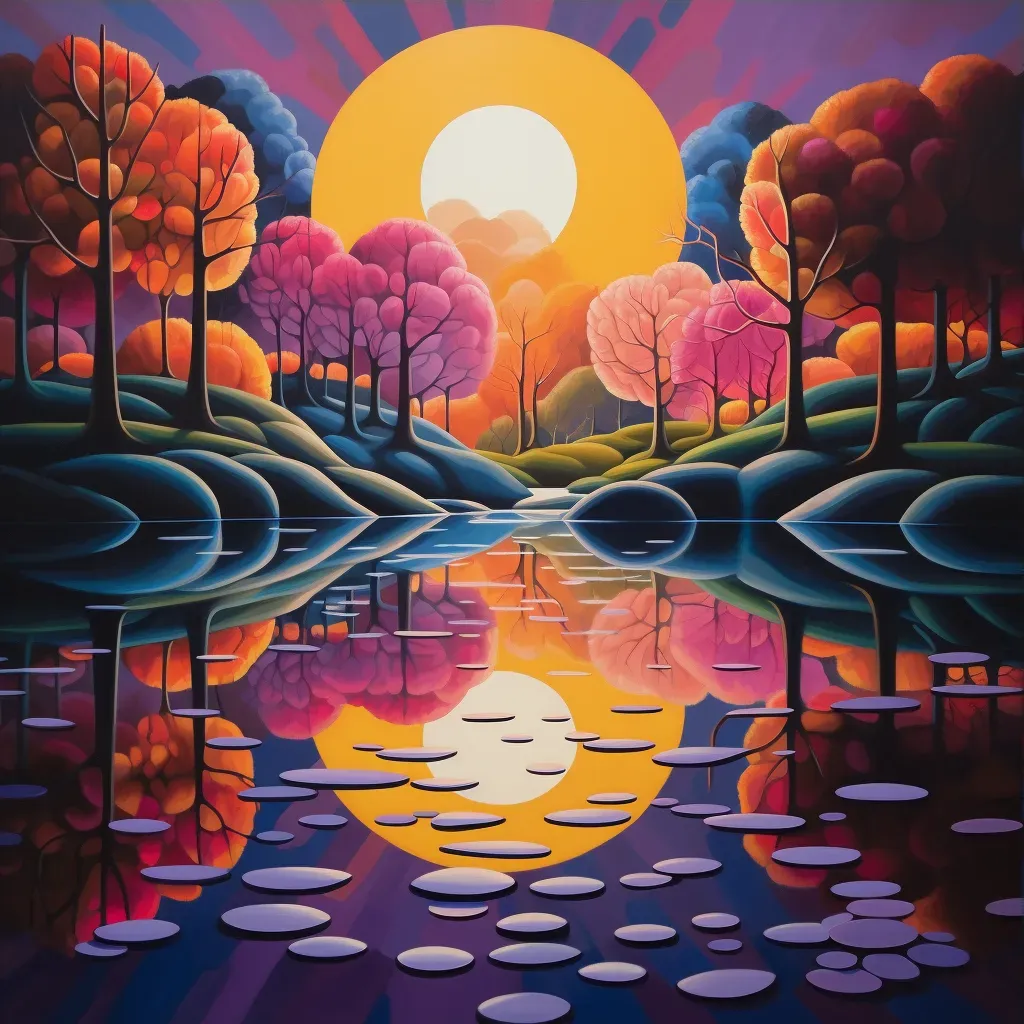 Illustration of a full moon reflecting on a tranquil lake with autumn leaves - Image 3