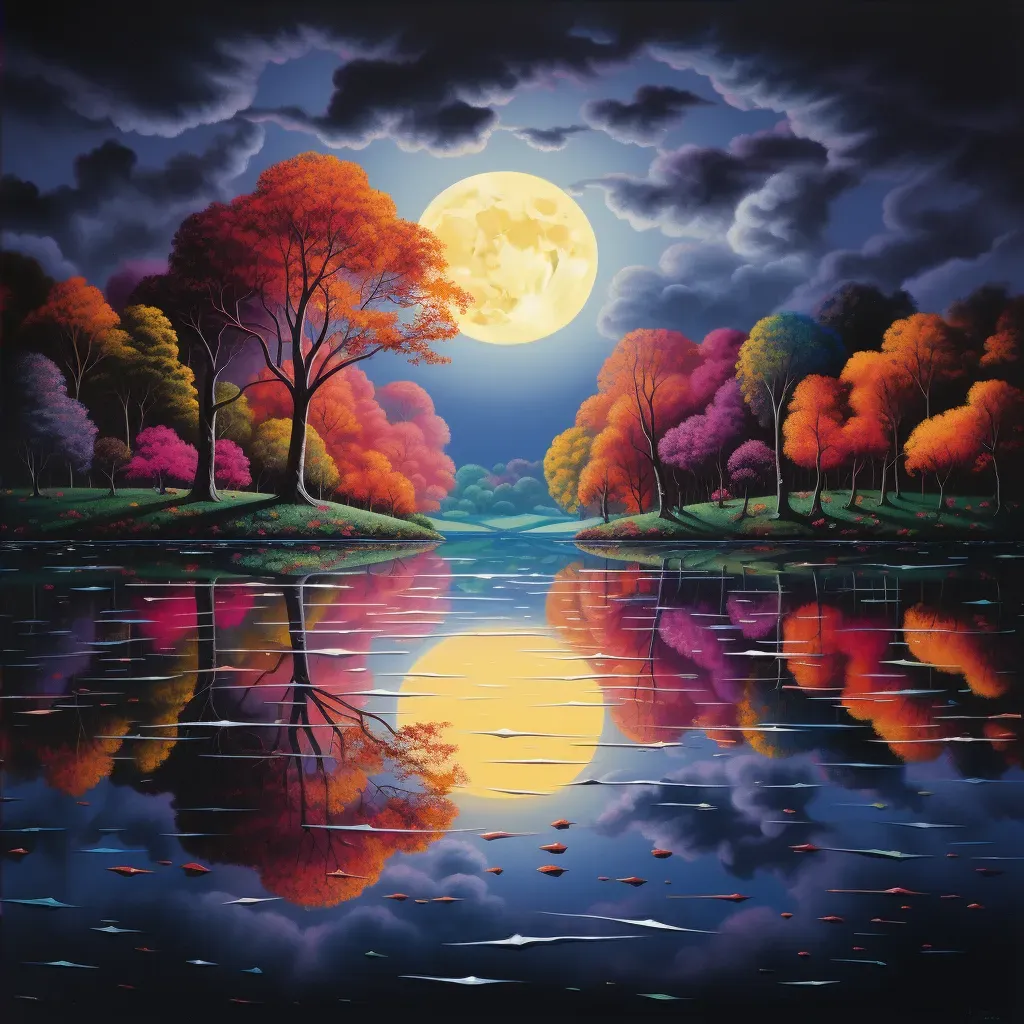 Illustration of a full moon reflecting on a tranquil lake with autumn leaves - Image 4