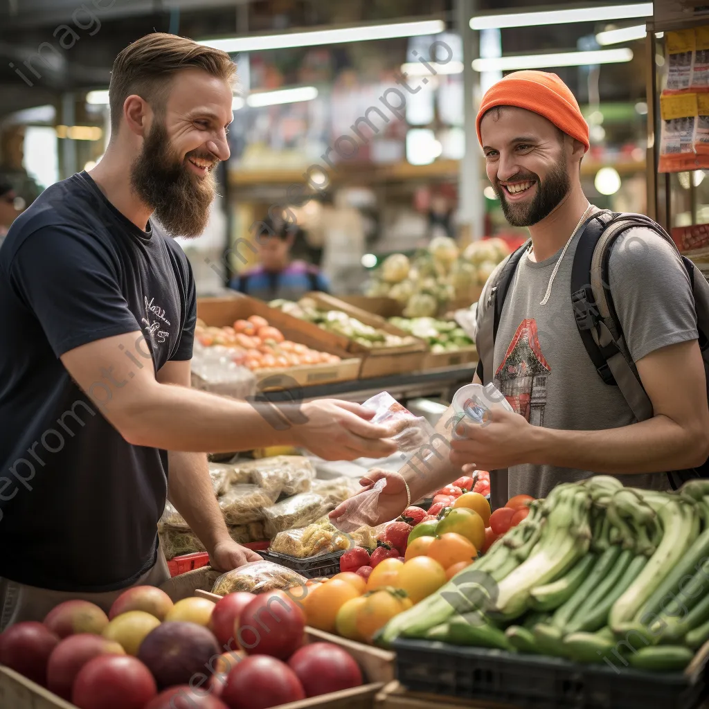 Customer handing cash to a cashier in a vibrant food market setting. - Image 1