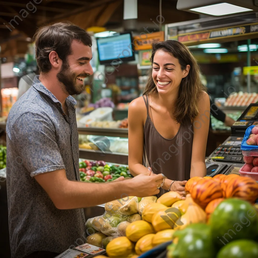 Customer handing cash to a cashier in a vibrant food market setting. - Image 2