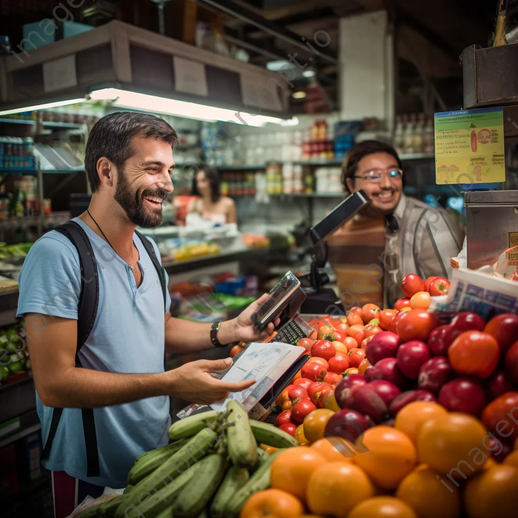 Customer handing cash to a cashier in a vibrant food market setting. - Image 3