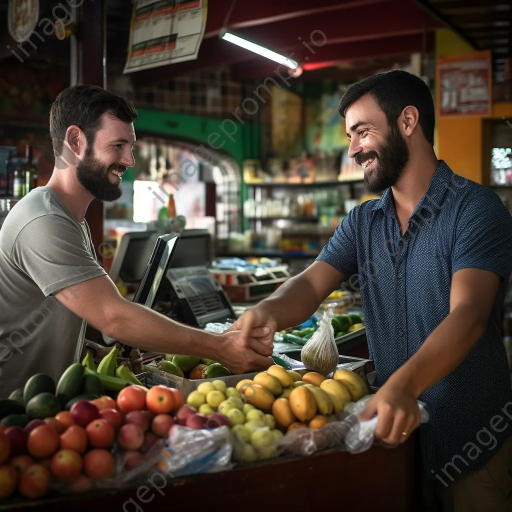 Customer handing cash to a cashier in a vibrant food market setting. - Image 4