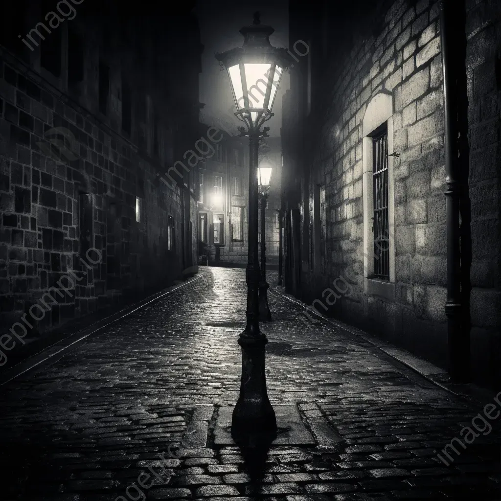 Black and white vintage streetlamp in cobblestone alley - Image 1