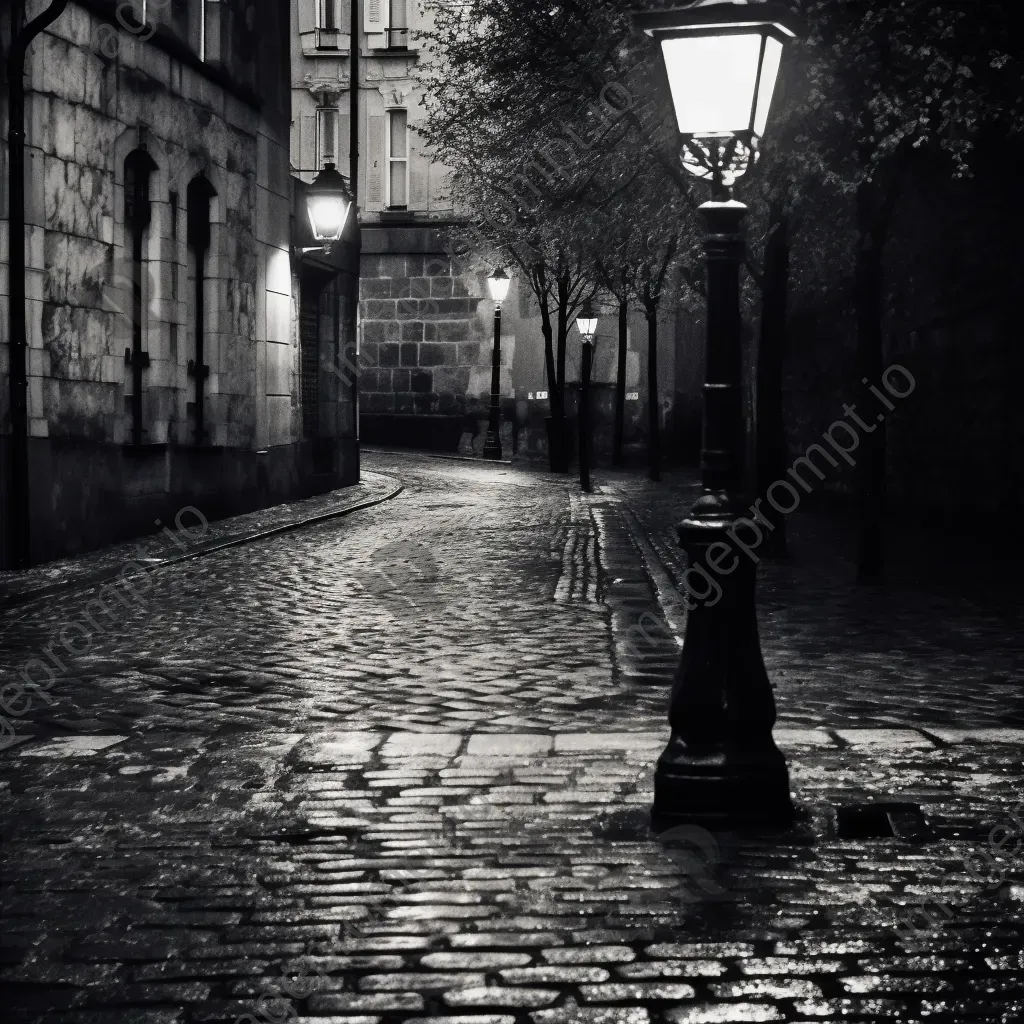 Black and white vintage streetlamp in cobblestone alley - Image 2