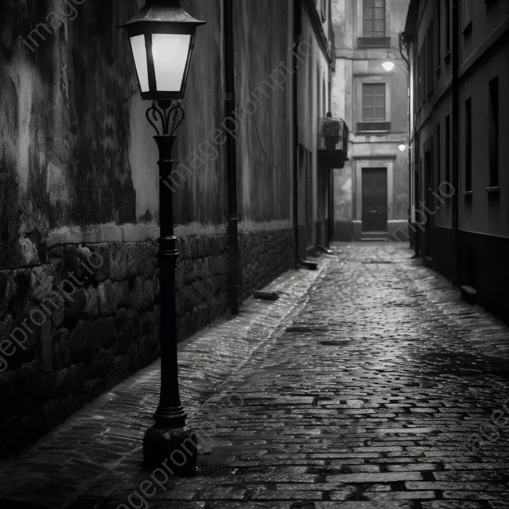 Black and white vintage streetlamp in cobblestone alley - Image 3