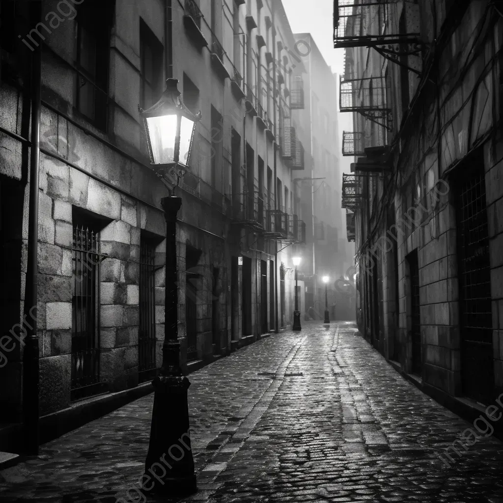 Black and white vintage streetlamp in cobblestone alley - Image 4