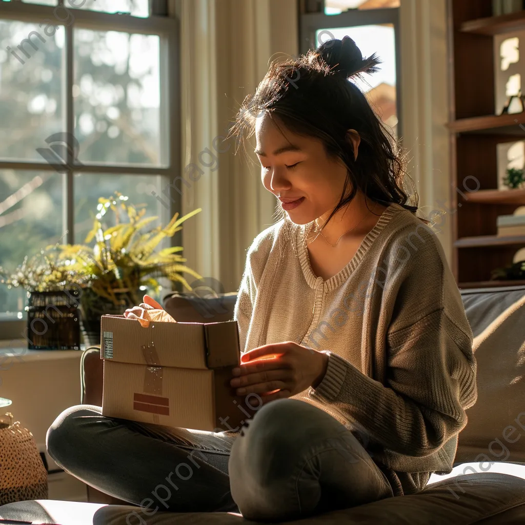 Woman unboxing an online delivery in living room - Image 1