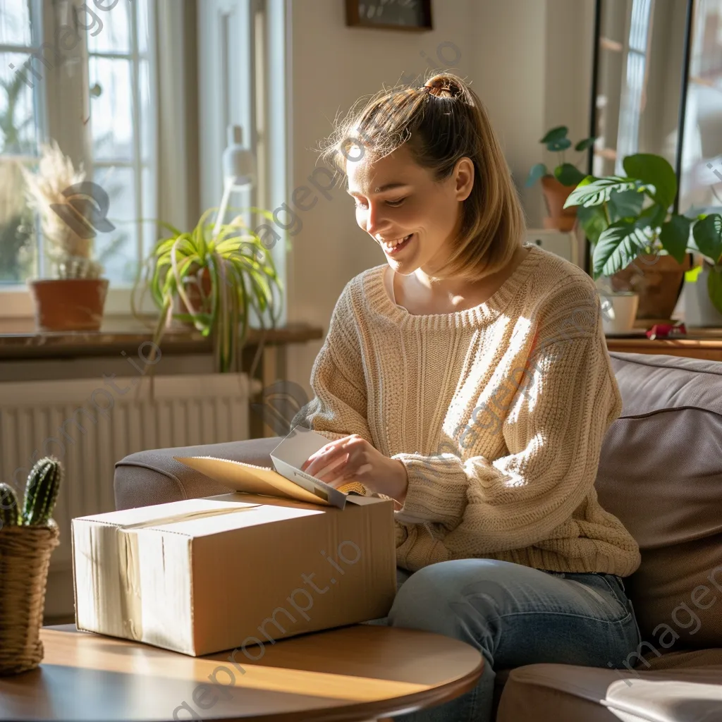 Woman unboxing an online delivery in living room - Image 2