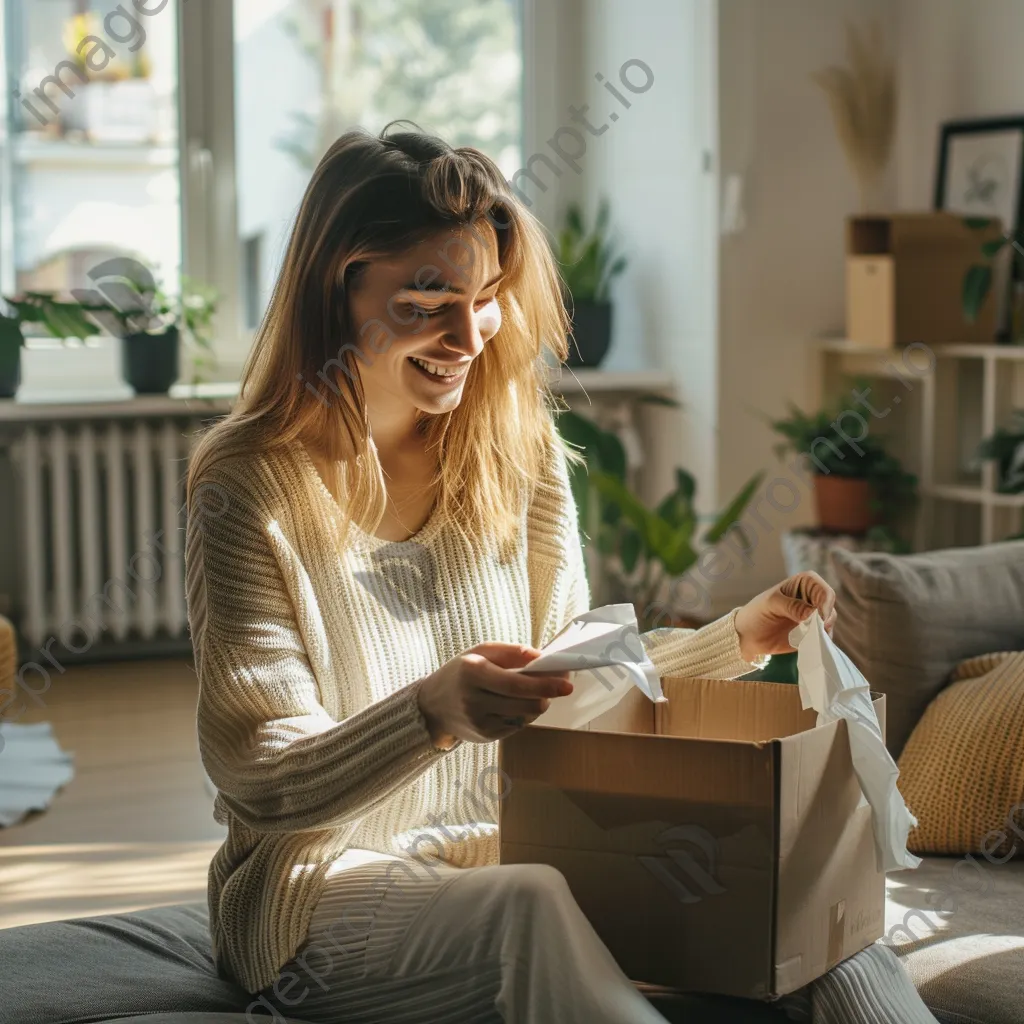 Woman unboxing an online delivery in living room - Image 3