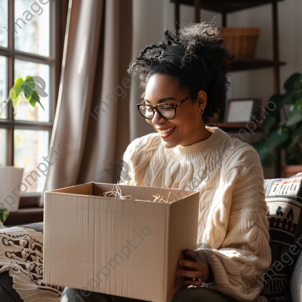 Woman unboxing an online delivery in living room - Image 4