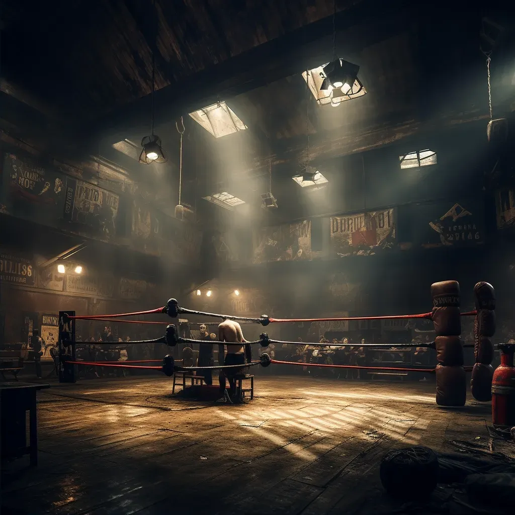 Boxing ring in old gym with sparring boxers - Image 2