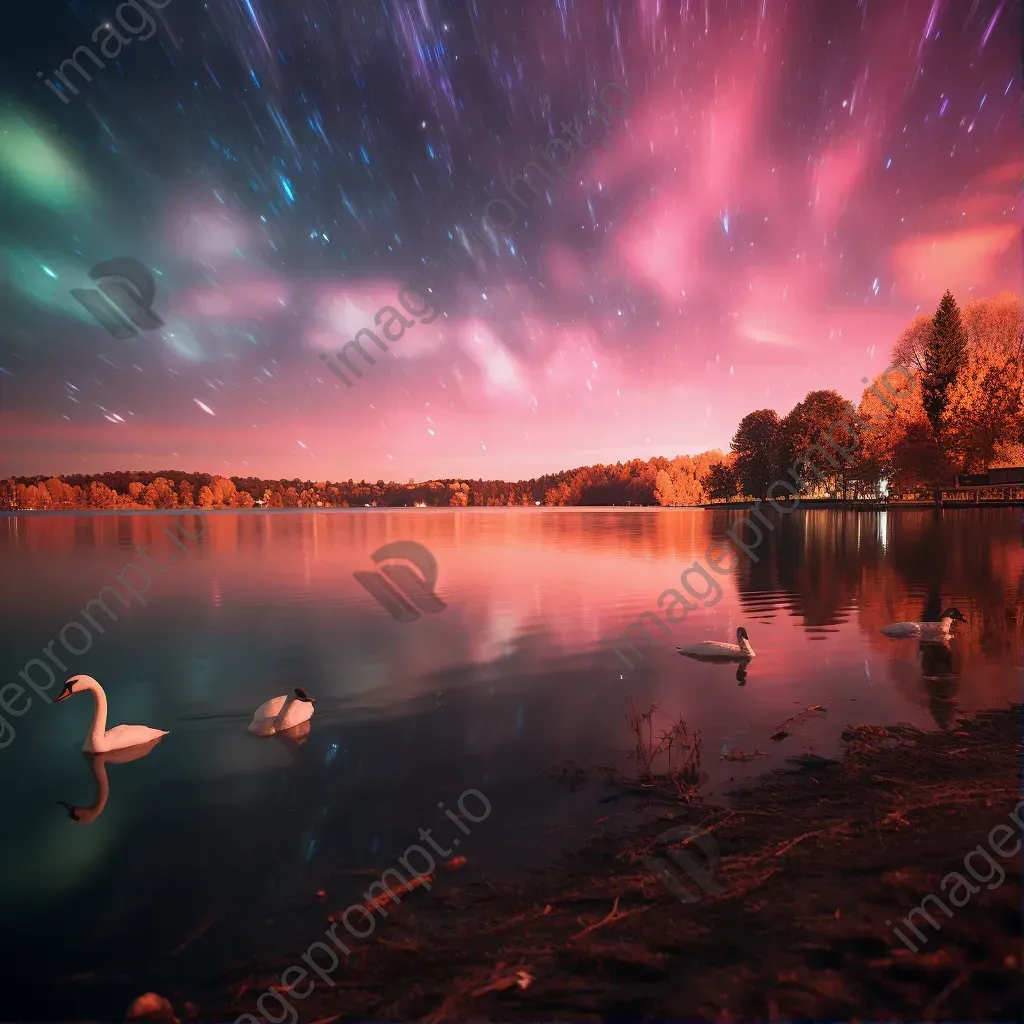 Southern lights lakeshore swans - Image 1