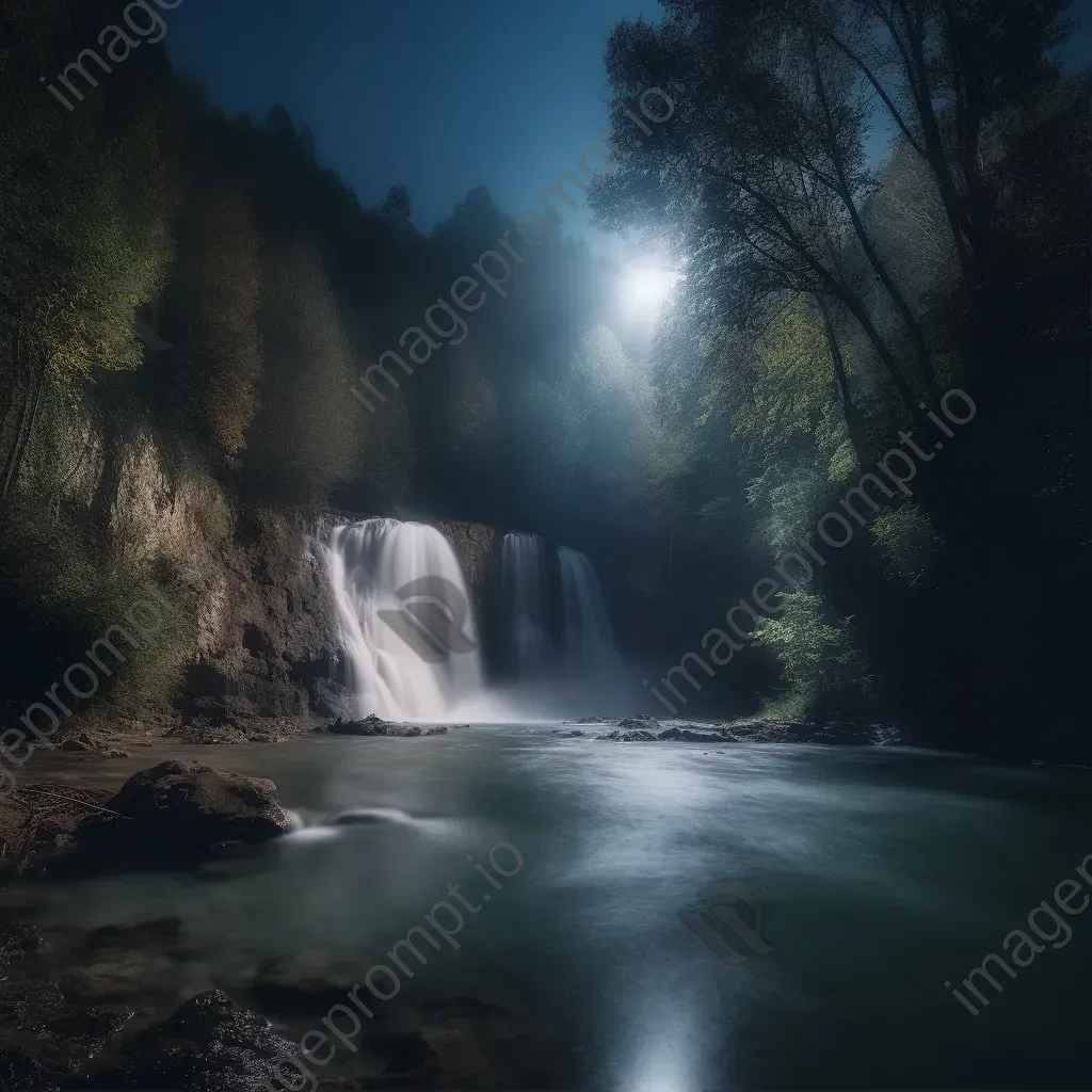 Majestic waterfall under moonlight with misty cascades - Image 1