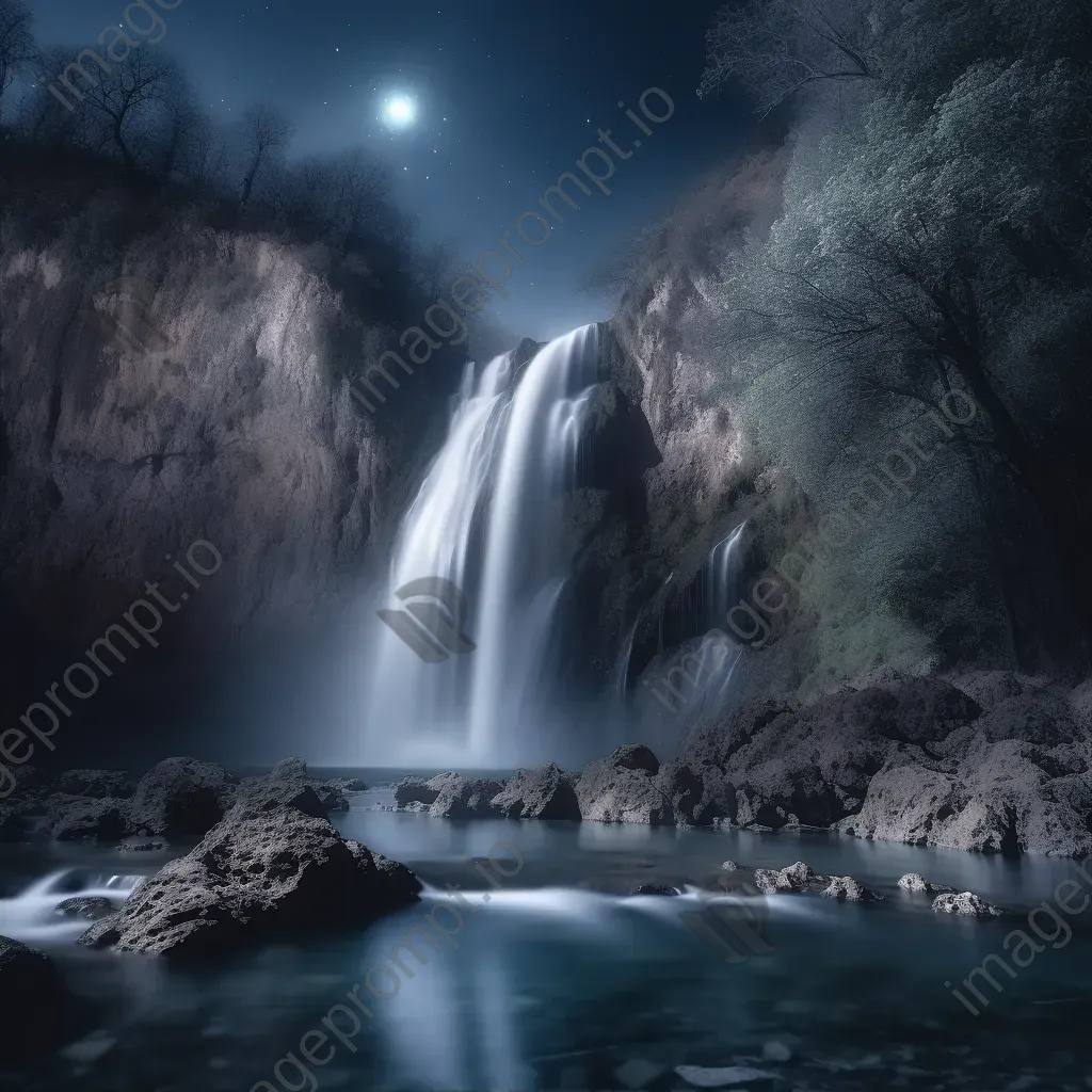 Majestic waterfall under moonlight with misty cascades - Image 2