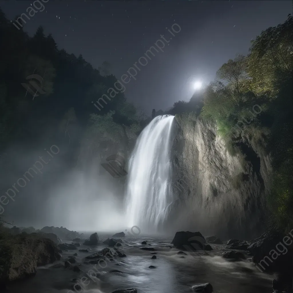 Majestic waterfall under moonlight with misty cascades - Image 3