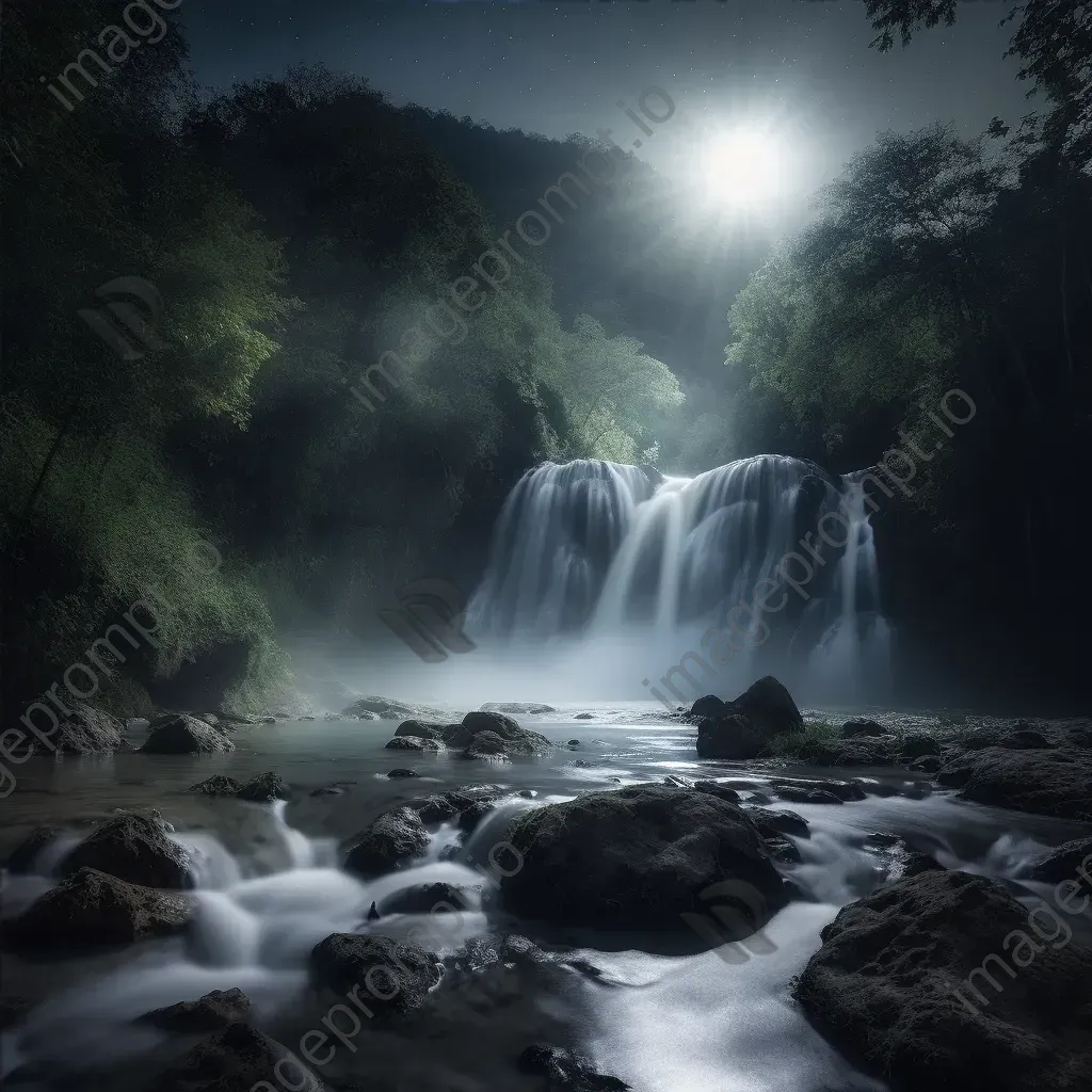 Majestic waterfall under moonlight with misty cascades - Image 4