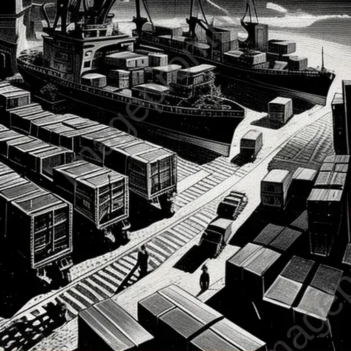 Aerial view of a bustling port with colorful cargo containers arranged in neat rows - Image 1