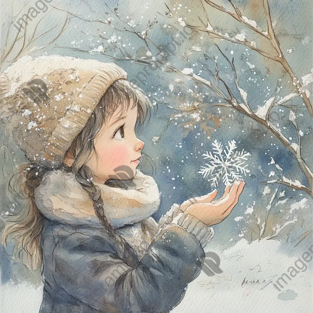 Child marveling at a snowflake in her hand painted in watercolor - Image 1