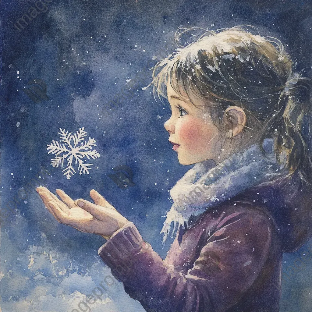 Child marveling at a snowflake in her hand painted in watercolor - Image 2