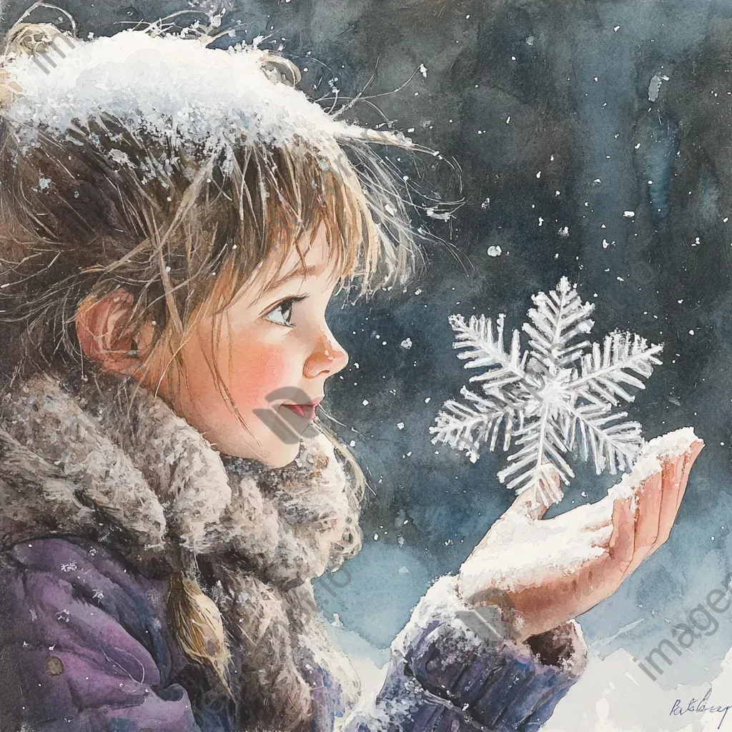 Child marveling at a snowflake in her hand painted in watercolor - Image 3