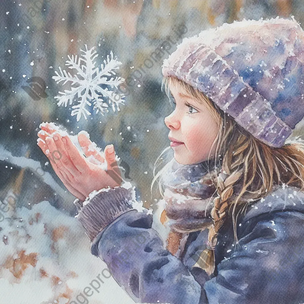 Child marveling at a snowflake in her hand painted in watercolor - Image 4